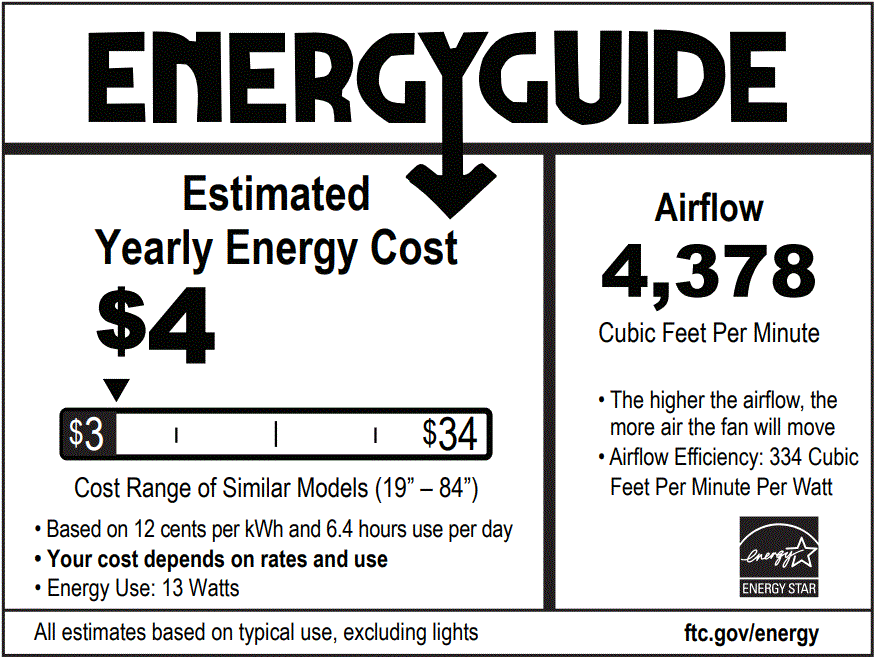 ENERGY guide, air flow 4478, Estimated yearly energy cost $4, energy use 13 watts