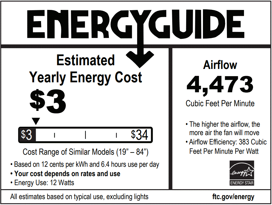 ENERGY guide, air flow 4473, Estimated yearly energy cost $3, energy use 12 watts